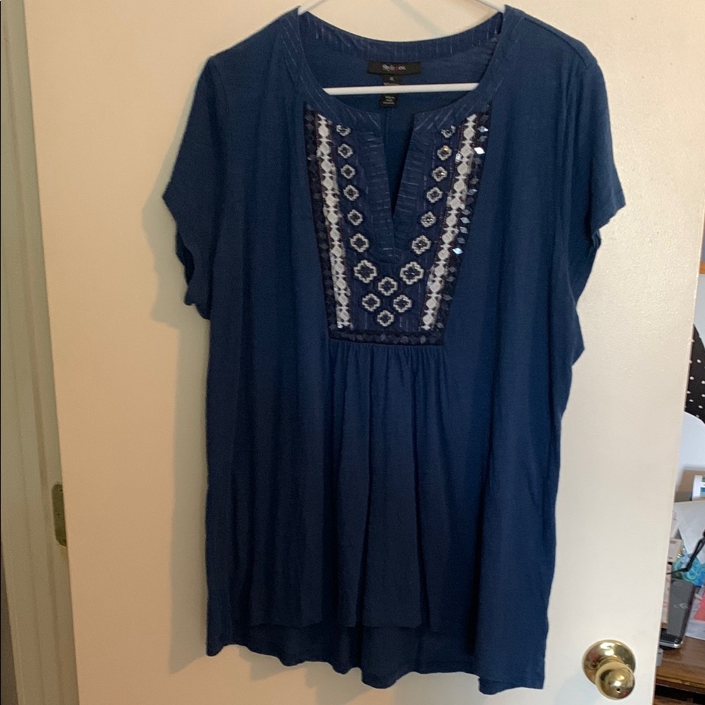 Style & Co. Blue Embellished Blouse Relaxed Fit